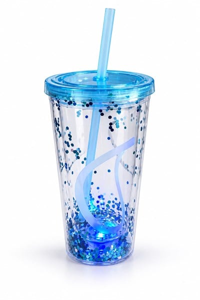 LED Işıklı Simli Pipetli Bardak Mavi