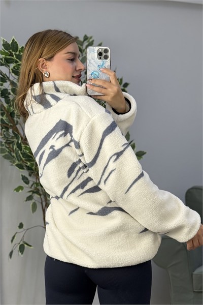 Kadın Desenli Dik Yaka Yarım Fermuarlı Polar Swearshirt Gri