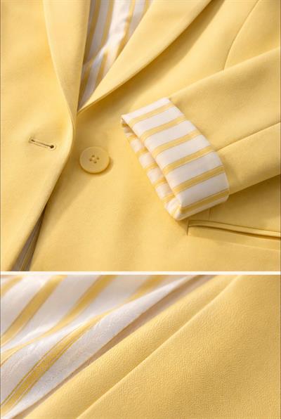 Kadın Oversize Düğmeli Çizgi Desenli Blazer Ceket Sarı