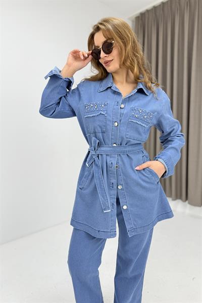 Kuşaklı Cepleri Taş Detaylı Pantolon Tunik Jean Takım