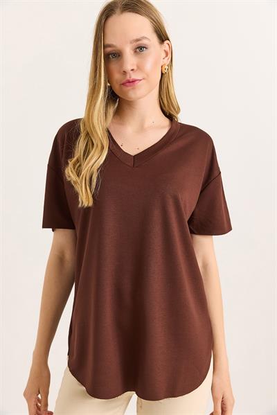 V Yaka Arkası Uzun Basic Tshirt Kahverengi