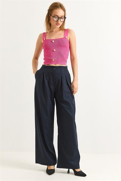 Bel Detaylı Pileli  Bol Kumaş Pantolon Lacivert