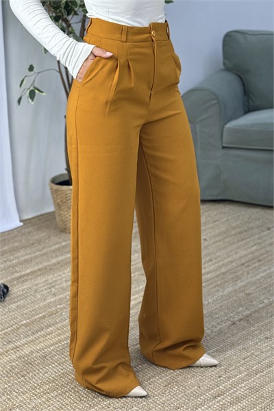 Yüksek Bel Bol Paça Pantalon Hardal1