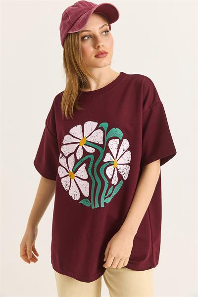 Baskılı Bisiklet Yaka Tshirt Bordo