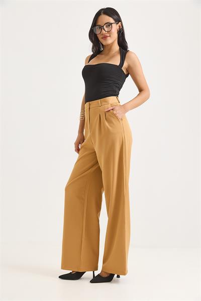 Yüksek Bel Bol Paça Pantalon Taba