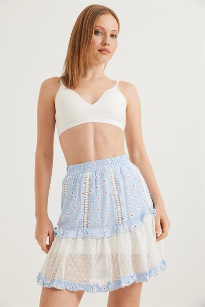 Pileli Çift Renk Bel Lastikli Etek Mavi