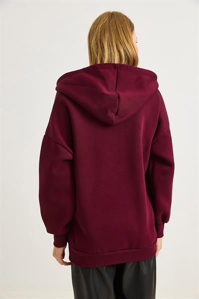 Kadın Oversize Kapüşonlu Fermuarlı Hırka Bordo
