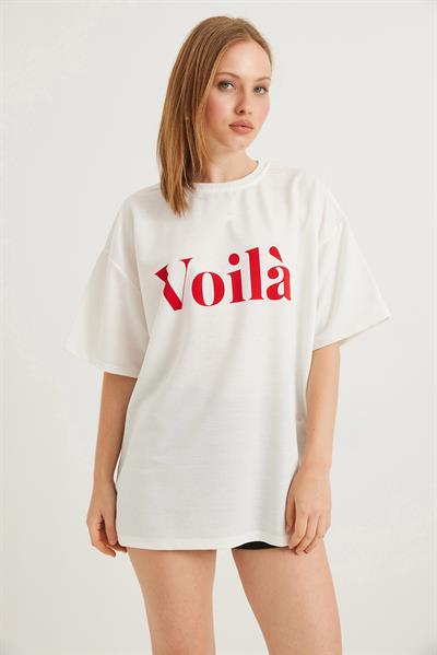 Voila Baskılı Oversize İki İplik Tshirt Beyaz