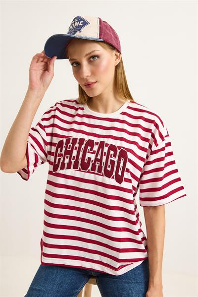 Çizgi Desen Nakışlı Kadın Tshirt Kırmızı