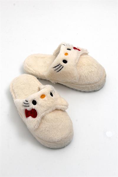 Önü Kapalı Peluş Model Kurdela Detaylı Terlik Bej