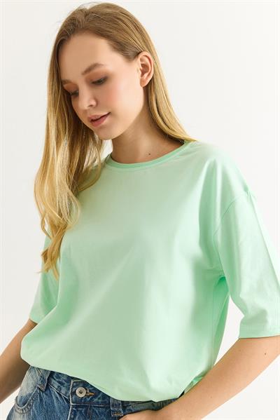 Oversize Bisiklet Yaka Basic Tshirt Yeşil