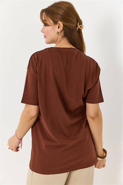 Ayıcık Baskılı Pamuklu Bisiklet Yaka Tshirt Kahverengi