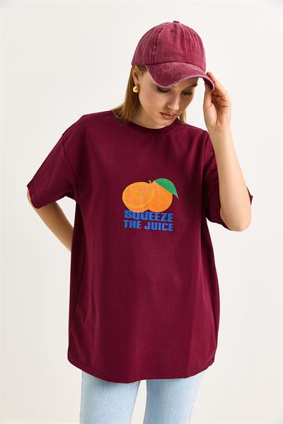 Oversize Ön ve Arka Baskılı Tshirt Bordo