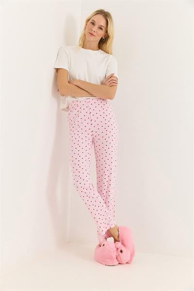 Kadın Renkli Kalp Detaylı İnterlok Pamuk Pijama Altı Pembe