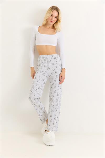 Kadın Renkli Tavşan Baskılı İnterlok Pamuk Pijama Altı Gri