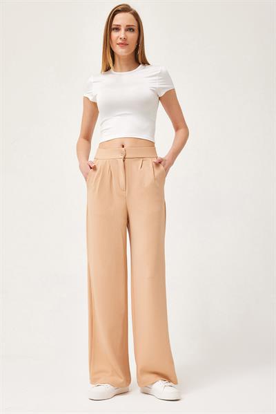 Yüksek Bel Cepli Palazzo Pantolon Bej