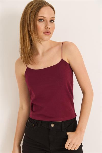 İp Askılı Uzun Crop Bluz Bordo