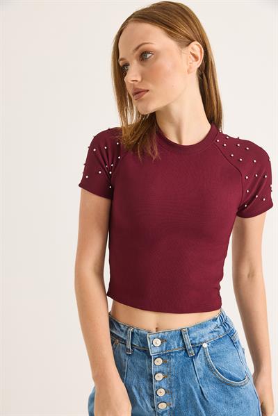 Regular Taş Detaylı Ottoman Crop Bluz Bordo
