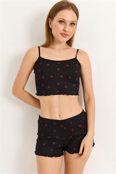Croplu Kiraz Baskılı  Rahat Pijama Takımı Sİyah