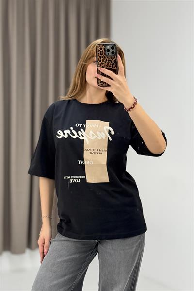 Kadın Yazı Baskılı Bisiklet Yaka Tshirt Siyah