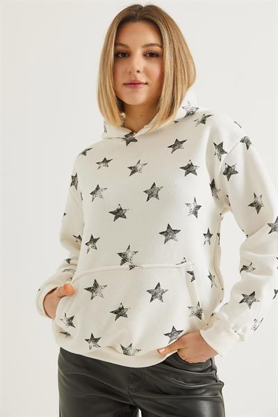 Yıldız Baskılı Oversize Kapüşonlu Sweatshirt Ekru