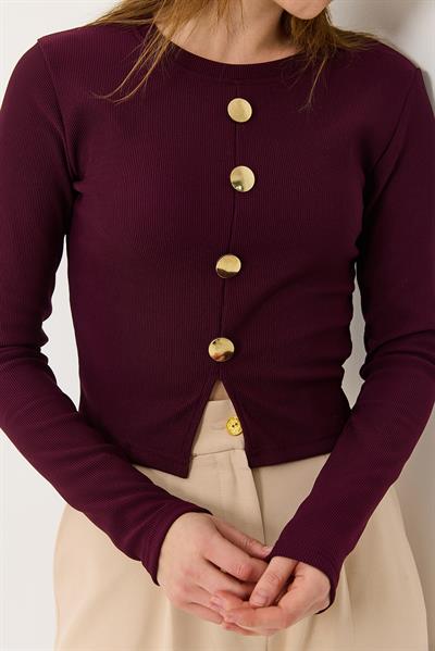 Kadın Yırtmaçlı Düğmeli Kaşkorse Uzun Kollu Bluz Bordo