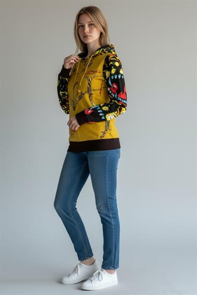 Kadın Fermuarlı Kapüşonlu Sarı Vintage Sweatshirt
