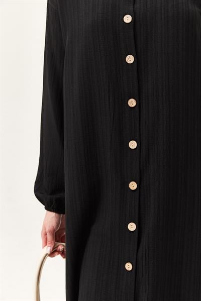 Keten Düğmeli Uzun Tesettür Tunik Siyah