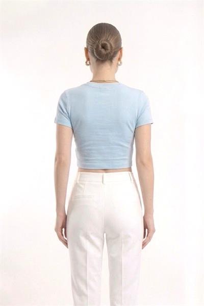 Kadın Bisiklet Yaka Düz Crop Bluz Mavi
