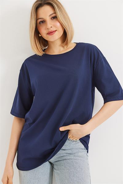 Oversize Bisiklet Yaka Basic Tshirt Lacivert