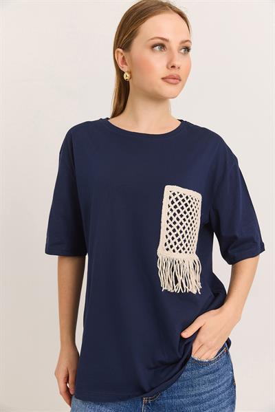 Hasır Cepli Yumuşak Dokulu Fit Tshirt Lacivert