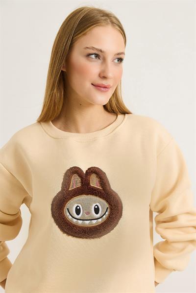 Kadın Labubu İşlemeli Üç İplik Sweatshirt Bej