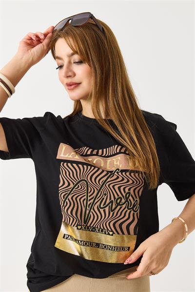 Kadın Parlak Yazılı Baskılı Tshirt Siyah