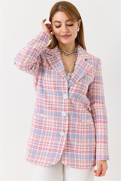 Kadın Ekoseli Blazer Ceket Pembe