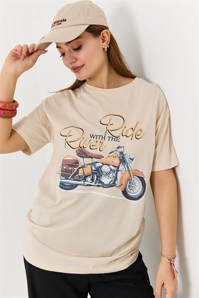 Kadın Bisiklet Yaka Motor Baskılı Tshirt Krem