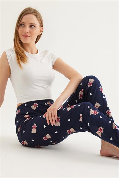  Beli Lastikli Kadın Pijama Altı Lacivert