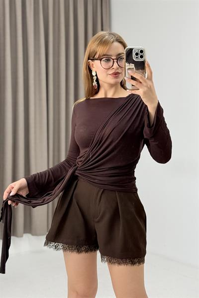 Kadın Kendinden Pelerinli Uzun Kollu Bluz Kahverengi