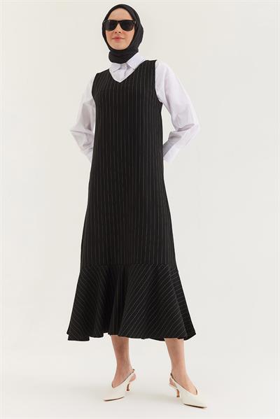 Çizgili Sıfır Kol Beli Kuşaklı Elbise Siyah