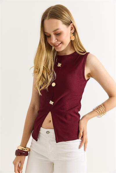 Bisiklet Yaka Gold Düğmeli Ottoman Fitilli Bluz Bordo