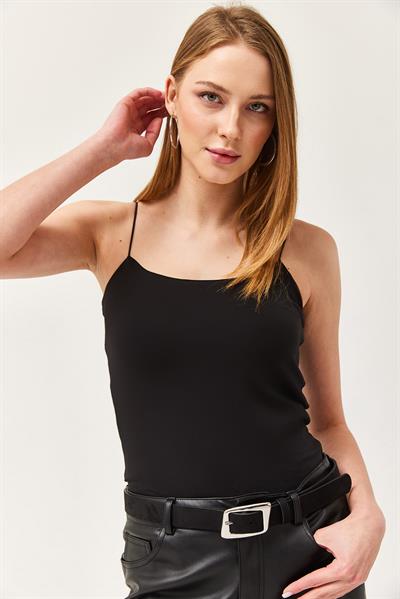 İp Askılı Uzun Crop Bluz Siyah