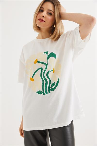 Baskılı Bisiklet Yaka Tshirt Beyaz