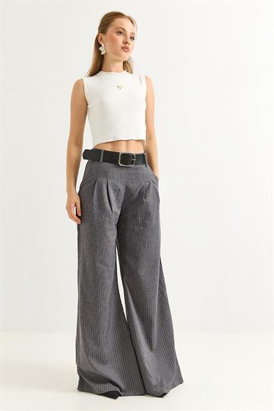 Keten Karışımlı Palazzo Pantolon Füme