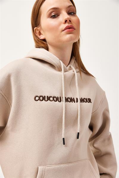 Oversize Kapüşonlu Kanguru Cepli Sweatshirt Bej
