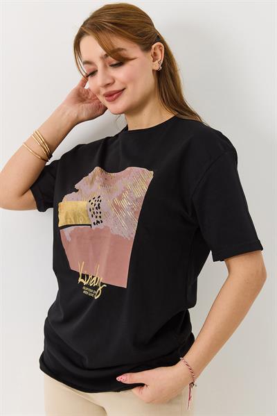 Kadın Parlak Baskılı Bisiklet Yaka Tshirt Siyah