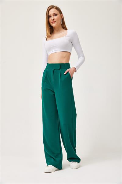 Beli Cırtlı Rahat Palazzo Pantolon Yeşil