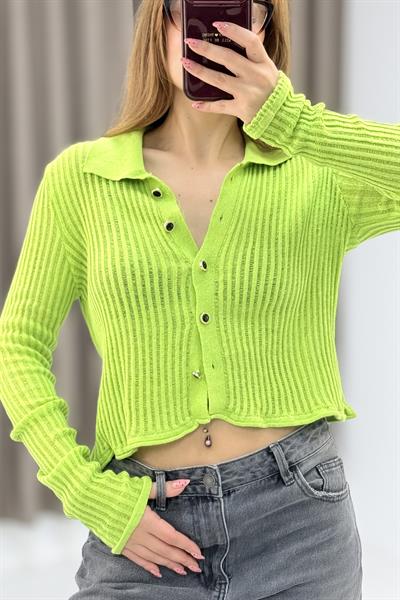 Polo Yaka Yazlık Triko Hırka Yeşil