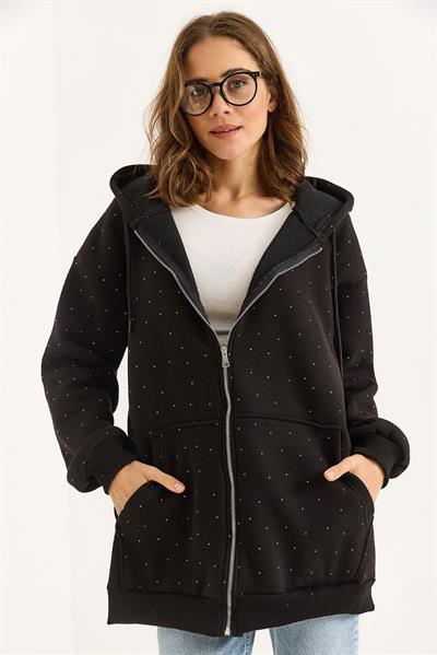 Kadın Taş Detaylı Üç İplik Oversize Kanguru Cep Sweat Hırka Siyah