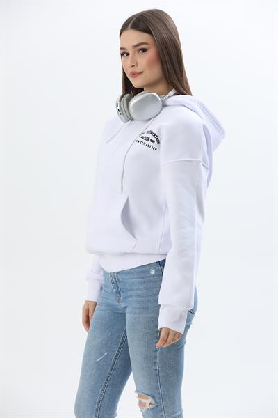 Fermuarlı Kapüşonlu  Sweatshirt Beyaz
