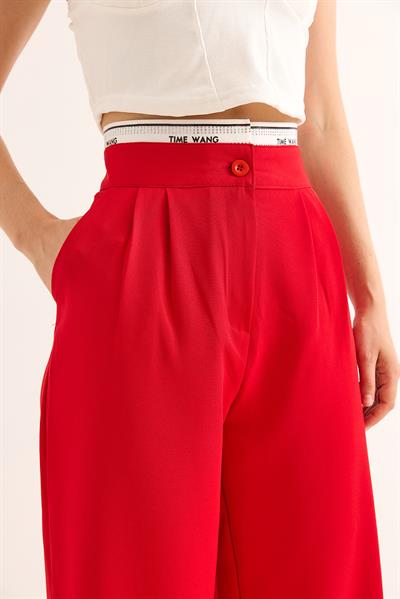 Geniş Paça Kemeri Garnili Palazzo Pantolon Kırmızı
