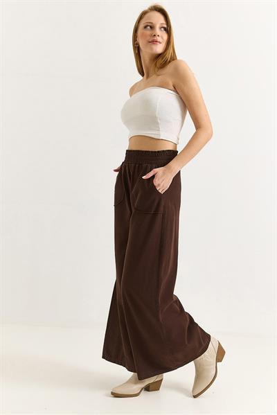 Kadın Pantalon Geniş Paça Cepleri Dikiş Detaylı  Pantalon Kahverengi